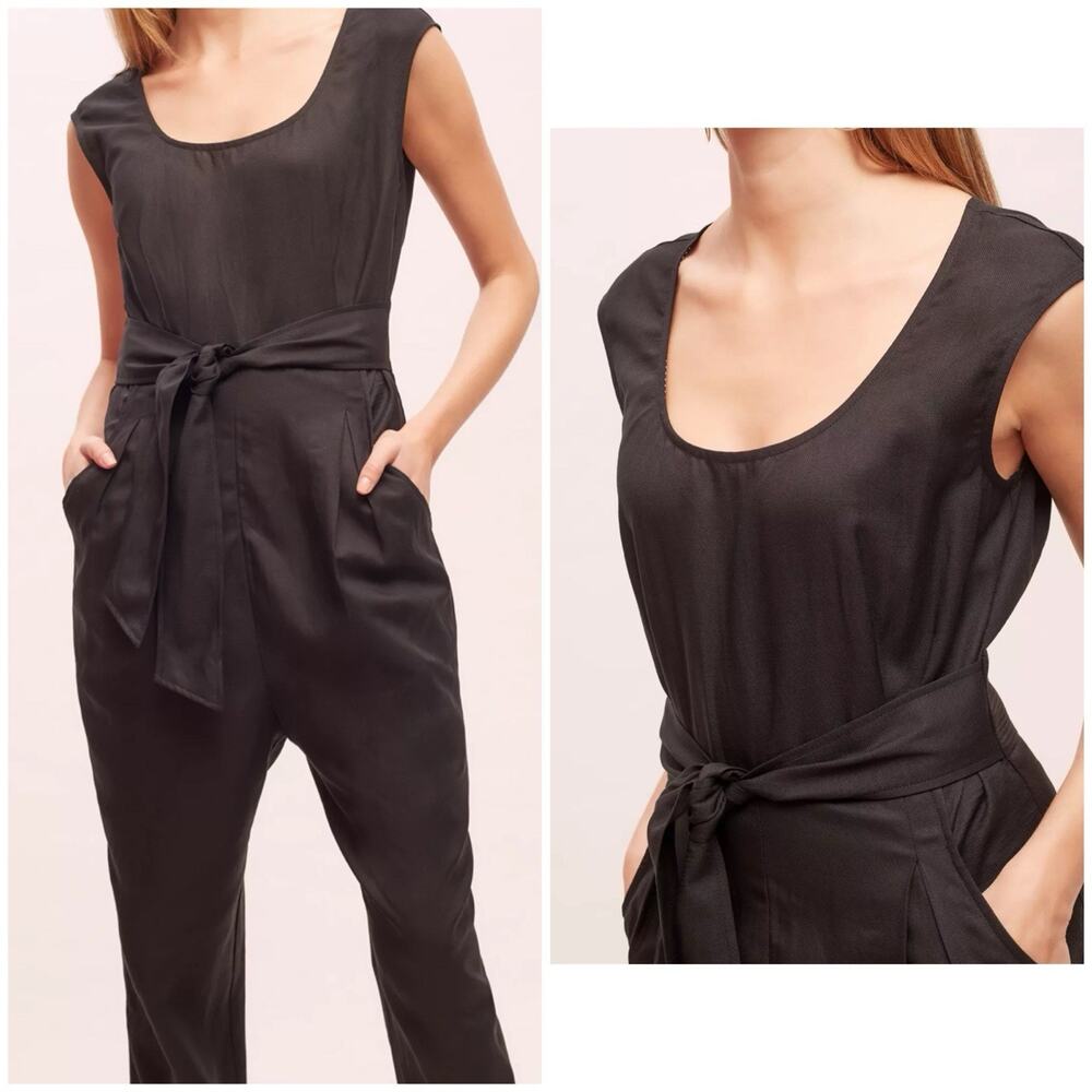 Anthropologie Maeve 8 Black Linen Blend Jumpsuit Tie Waist Pockets Sleeveless - Picture 4 of 9